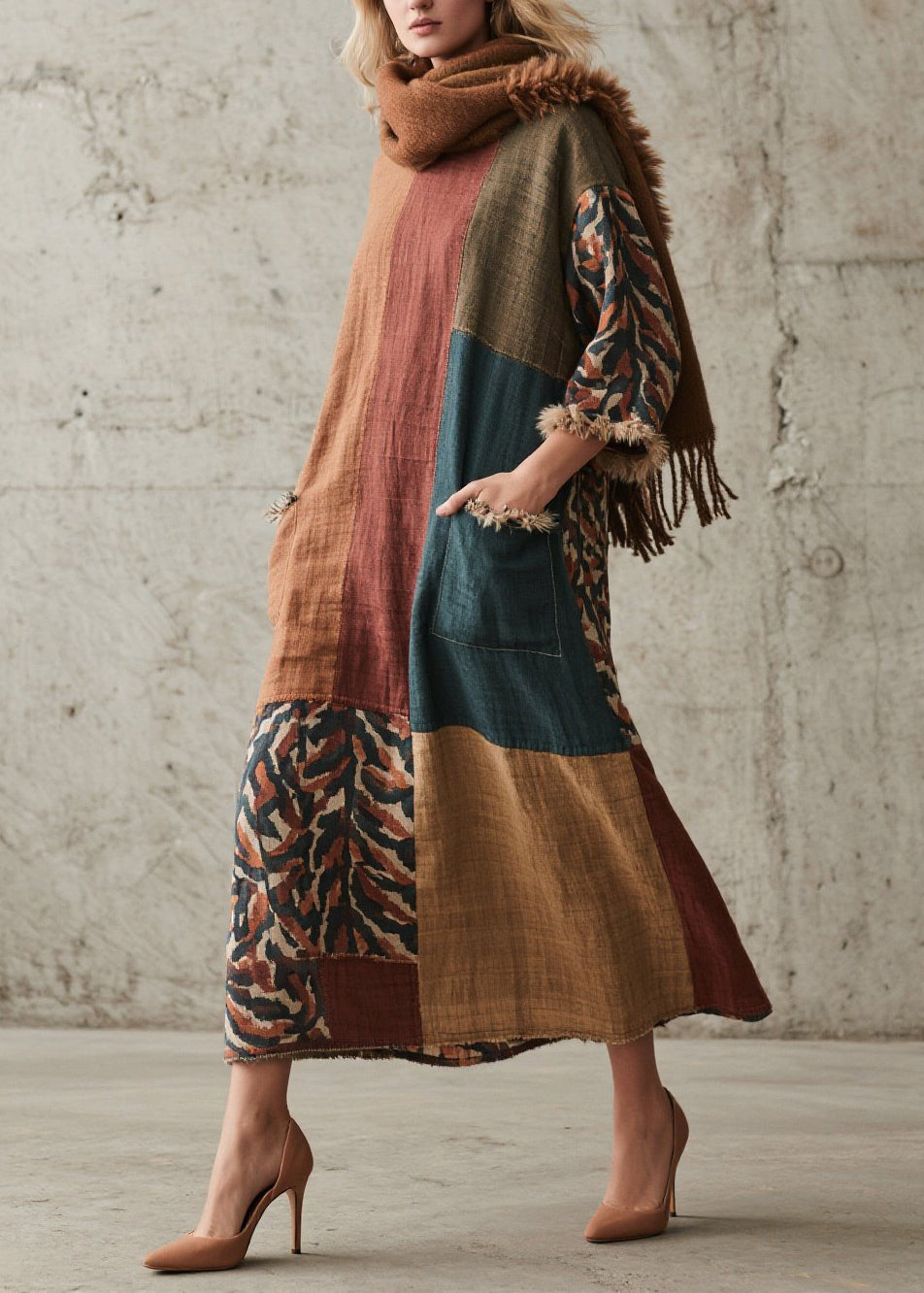 Original Colorblock Print Fuzzy Fur Patchwork Cotton Dresses Fall