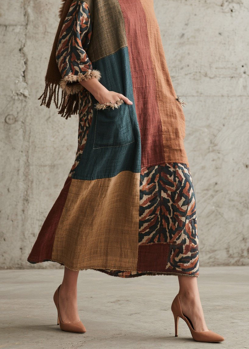 Original Colorblock Print Fuzzy Fur Patchwork Cotton Dresses Fall