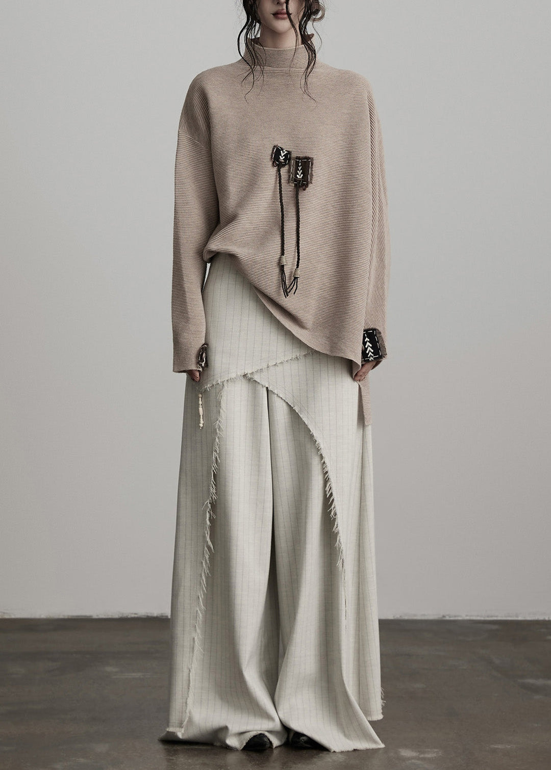 Original Design Apricot Asymmetrical Striped Cotton Pants Skirts Spring