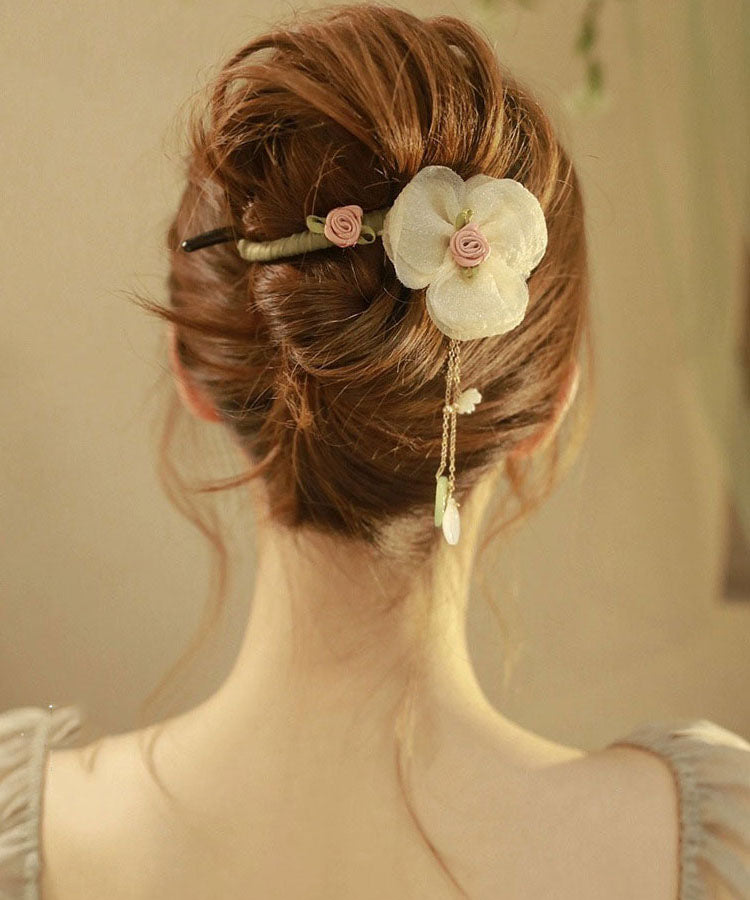 Original Design Apricot Fabric Tulle Pearl Floral Tassel Hairpin