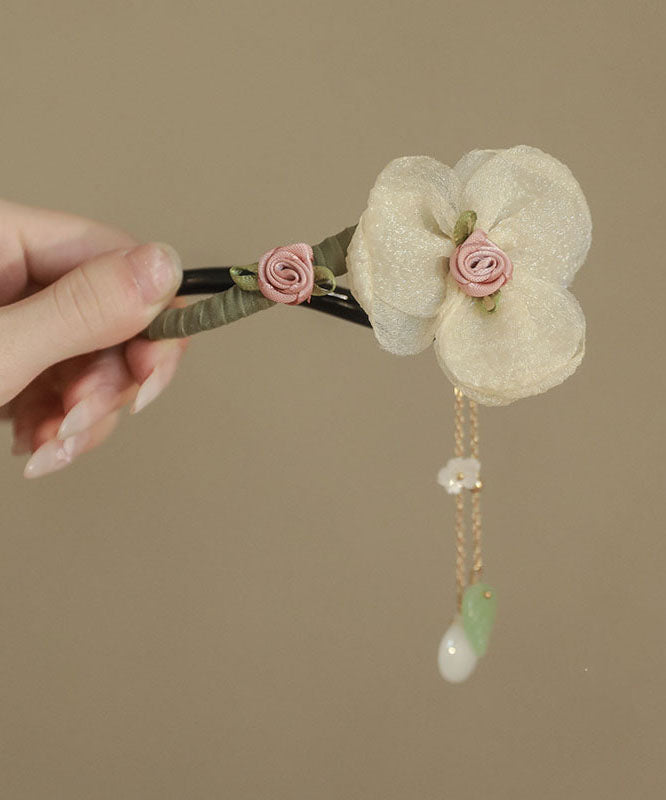 Original Design Apricot Fabric Tulle Pearl Floral Tassel Hairpin