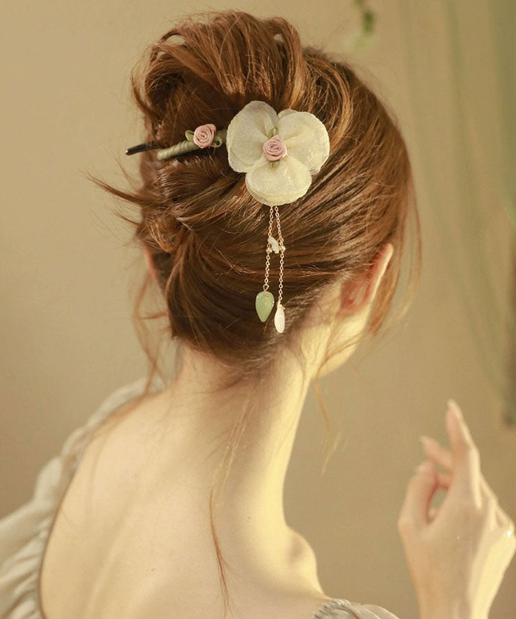 Original Design Apricot Fabric Tulle Pearl Floral Tassel Hairpin