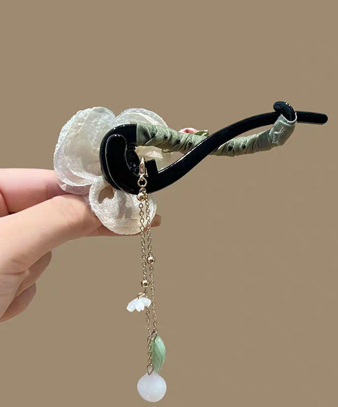Original Design Apricot Fabric Tulle Pearl Floral Tassel Hairpin