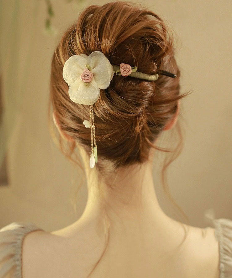 Original Design Apricot Fabric Tulle Pearl Floral Tassel Hairpin