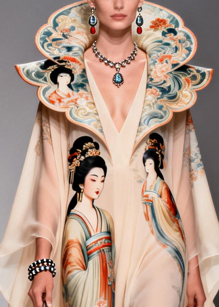 Original Design Apricot Peter Pan Collar Print Chiffon Maxi Dresses Summer