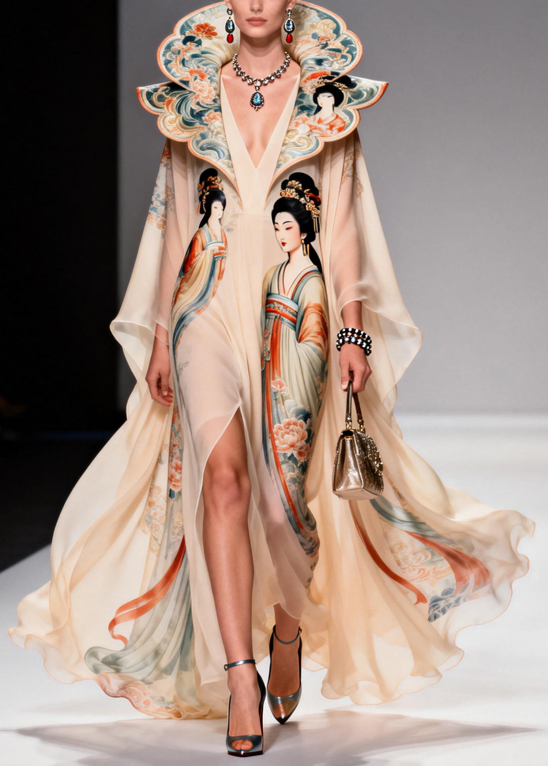 Original Design Apricot Peter Pan Collar Print Chiffon Maxi Dresses Summer