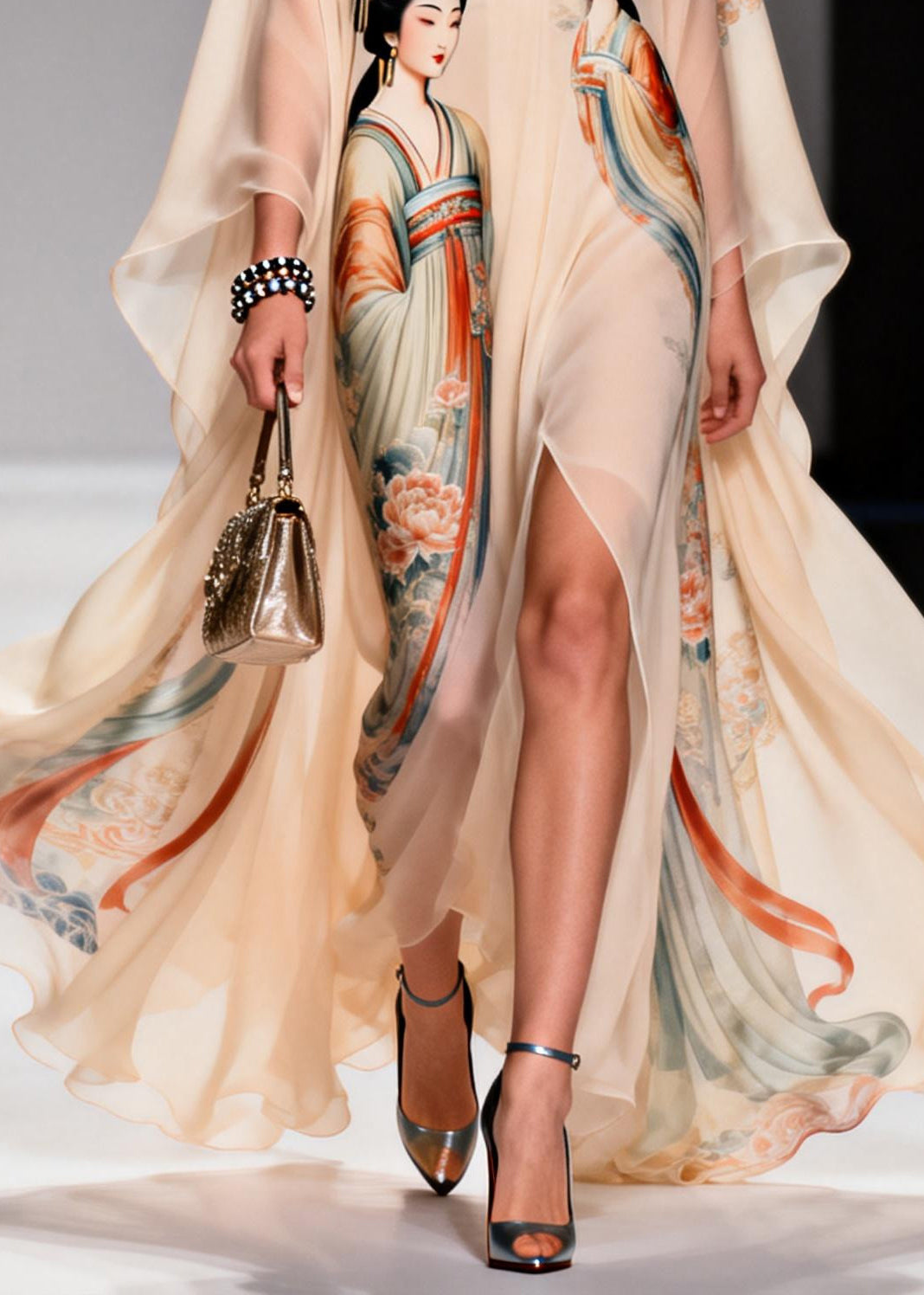 Original Design Apricot Peter Pan Collar Print Chiffon Maxi Dresses Summer