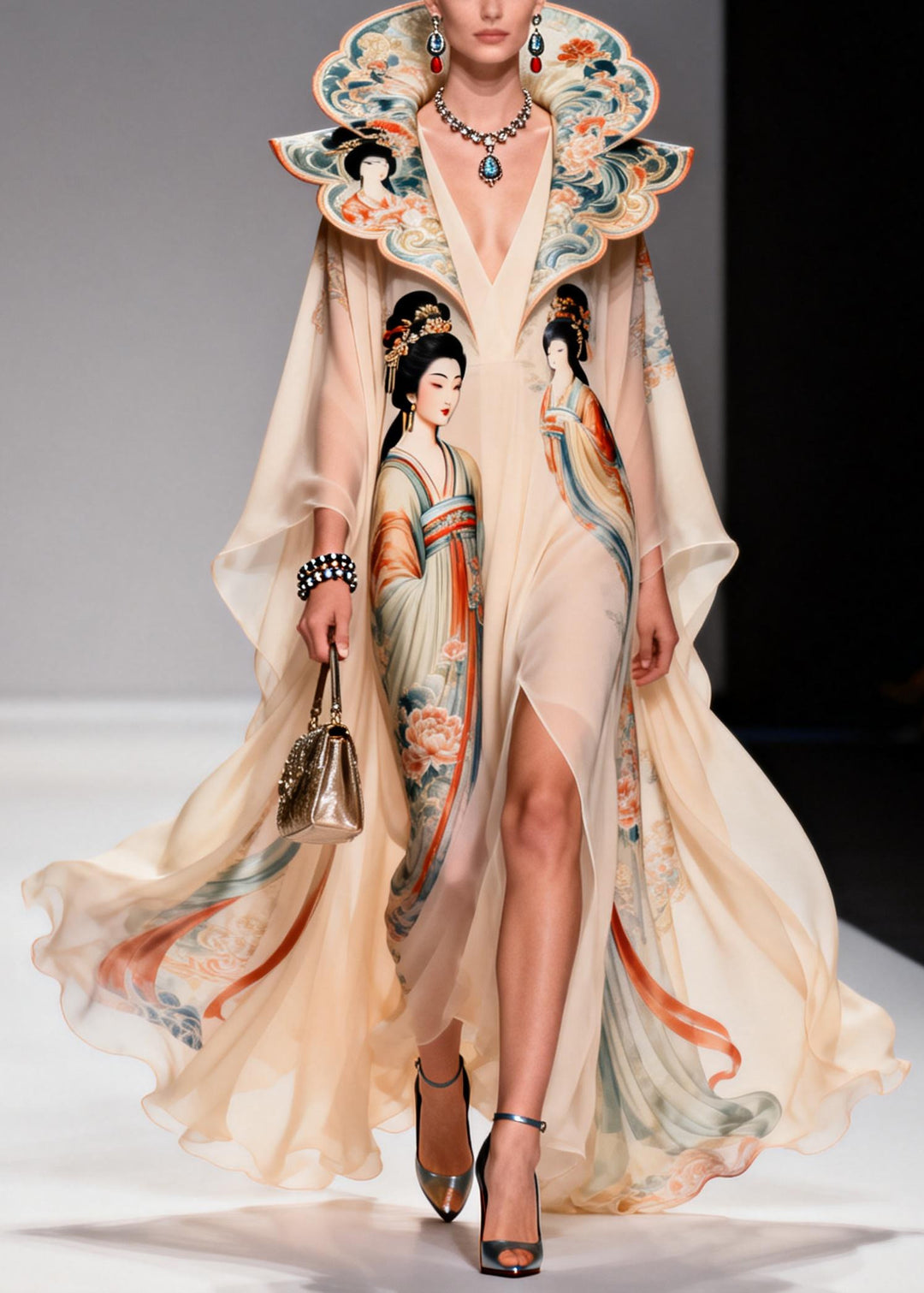 Original Design Apricot Peter Pan Collar Print Chiffon Maxi Dresses Summer