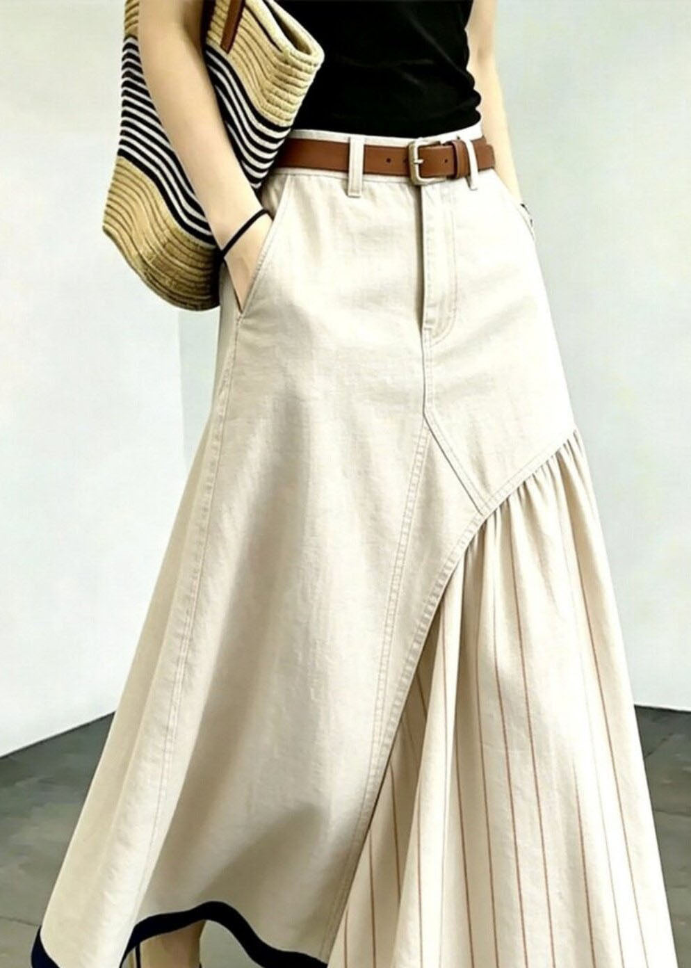 Original Design Apricot Striped Patchwork Wrinkled A Line Skirt