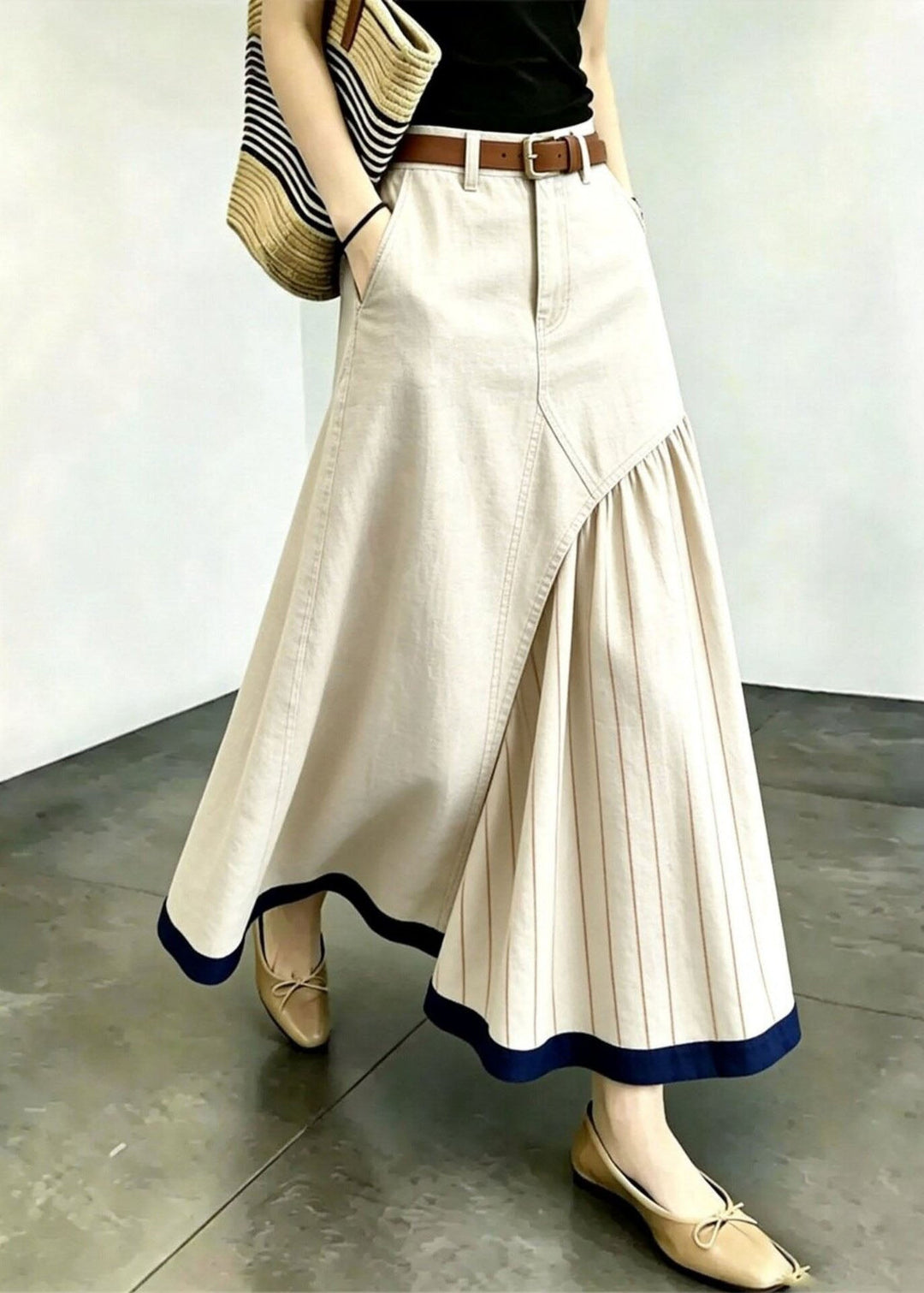 Original Design Apricot Striped Patchwork Wrinkled A Line Skirt