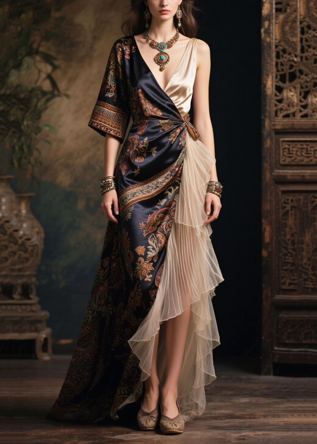 Original Design Asymmetrical Patchwork Silk Long Dresses Summer