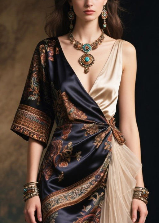 Original Design Asymmetrical Patchwork Silk Long Dresses Summer