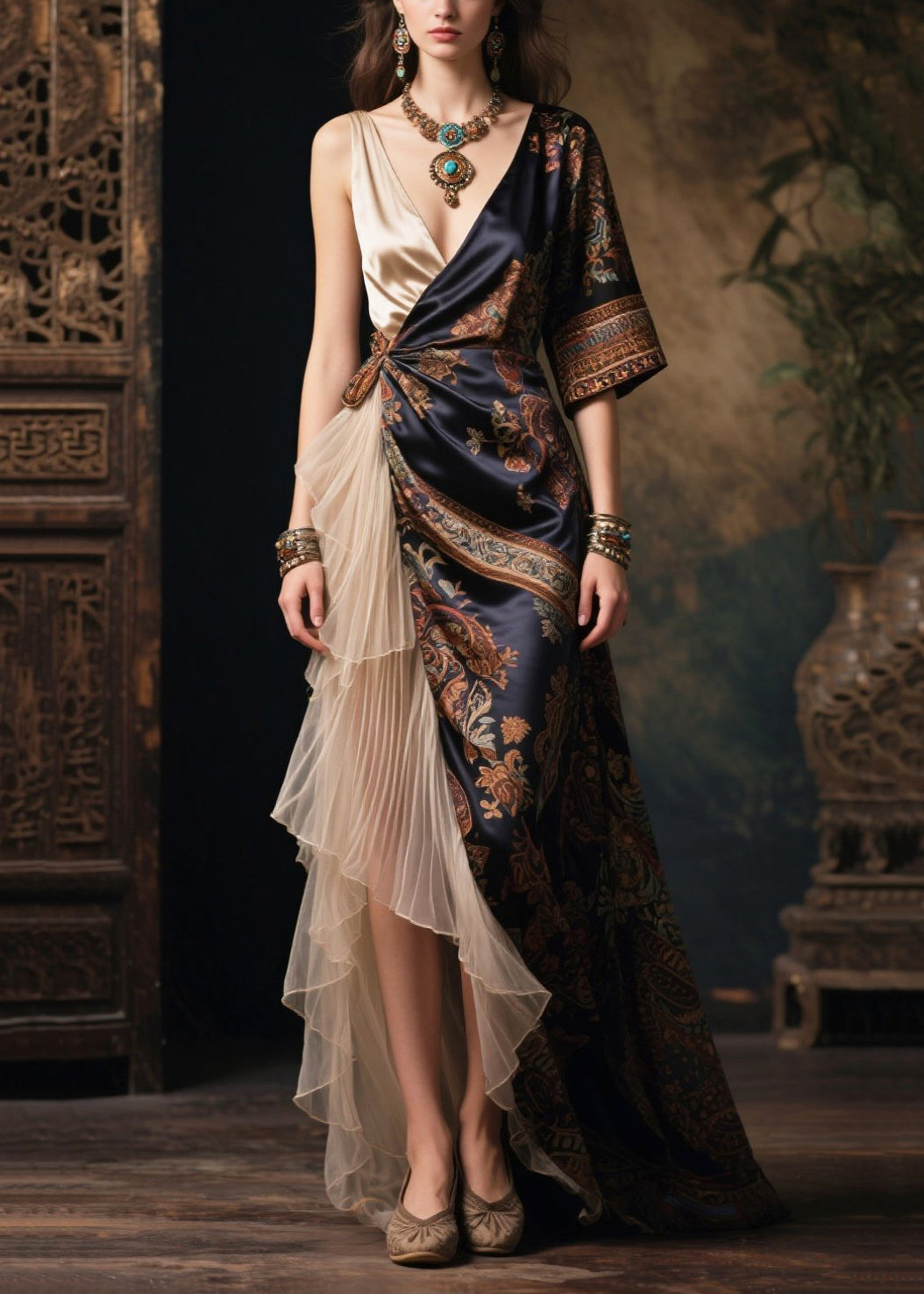 Original Design Asymmetrical Patchwork Silk Long Dresses Summer
