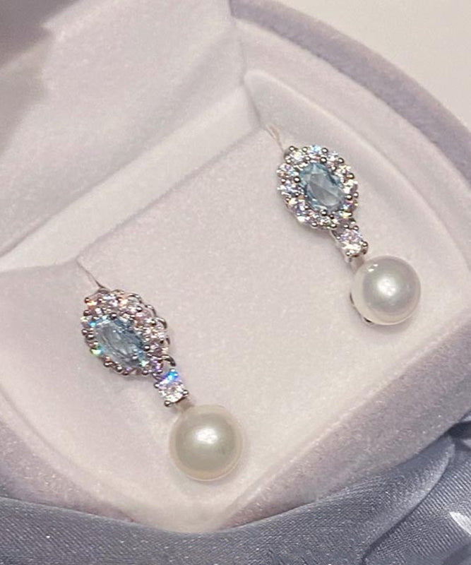 Original Design Baby Blue Copper Overgild Zircon Pearl Drop Earrings