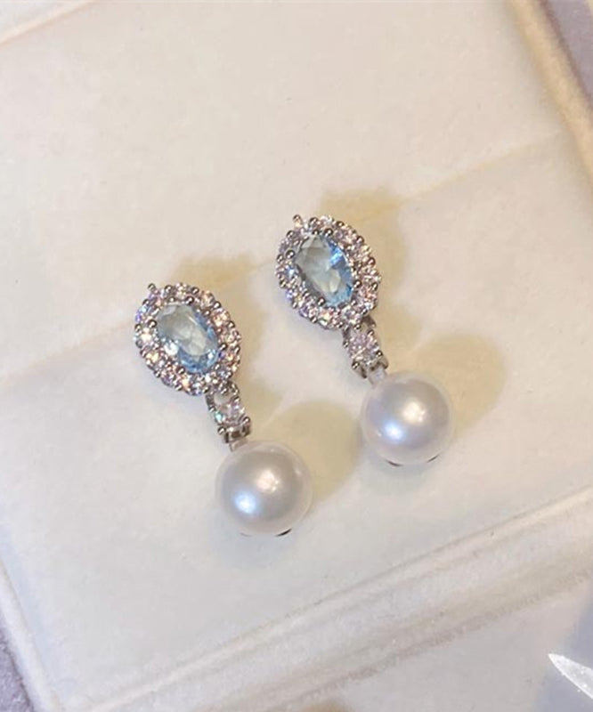 Original Design Baby Blue Copper Overgild Zircon Pearl Drop Earrings