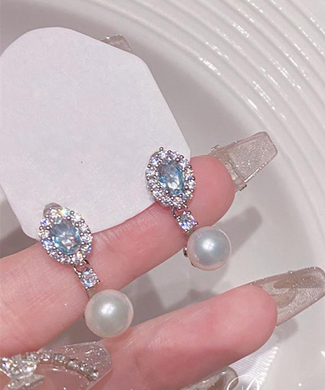 Original Design Baby Blue Copper Overgild Zircon Pearl Drop Earrings