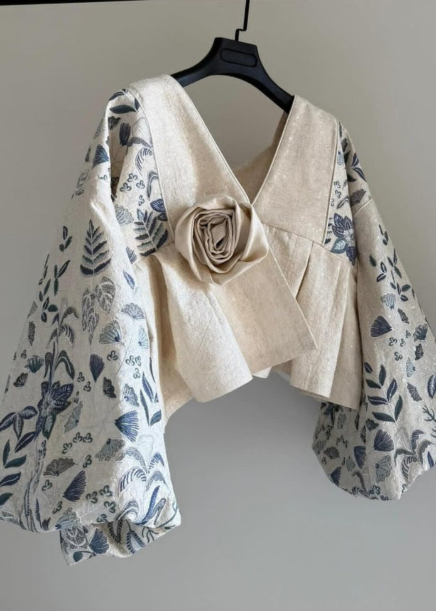 Original Design Beige V Neck Floral Patchwork Cotton Coats Lantern Sleeve