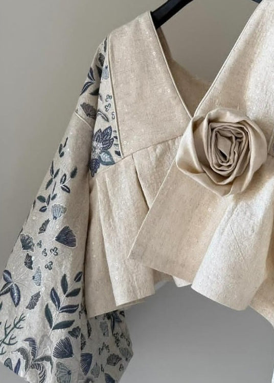 Original Design Beige V Neck Floral Patchwork Cotton Coats Lantern Sleeve