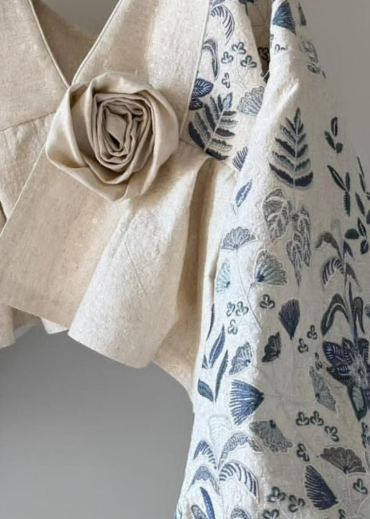 Original Design Beige V Neck Floral Patchwork Cotton Coats Lantern Sleeve