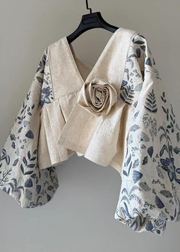 Original Design Beige V Neck Floral Patchwork Cotton Coats Lantern Sleeve