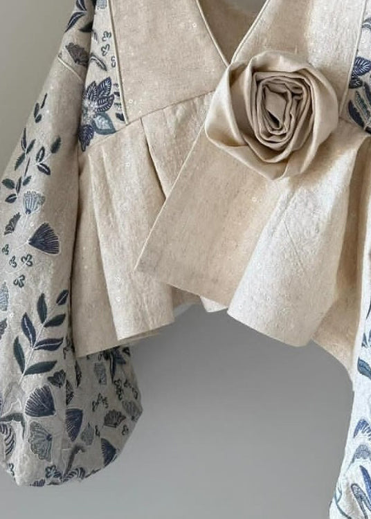 Original Design Beige V Neck Floral Patchwork Cotton Coats Lantern Sleeve