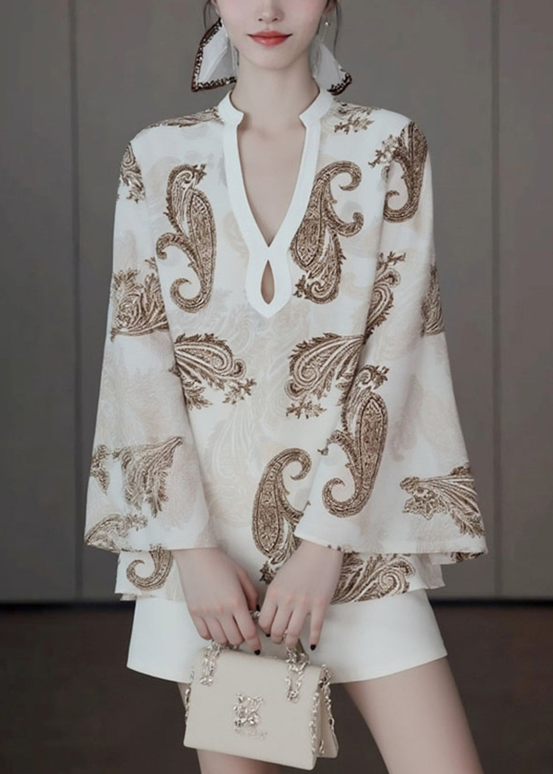 Original Design Beige V Neck Print Shirt Fall