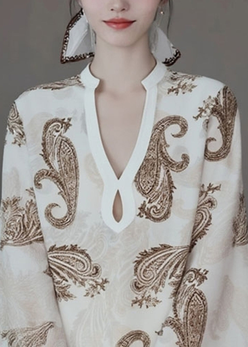 Original Design Beige V Neck Print Shirt Fall