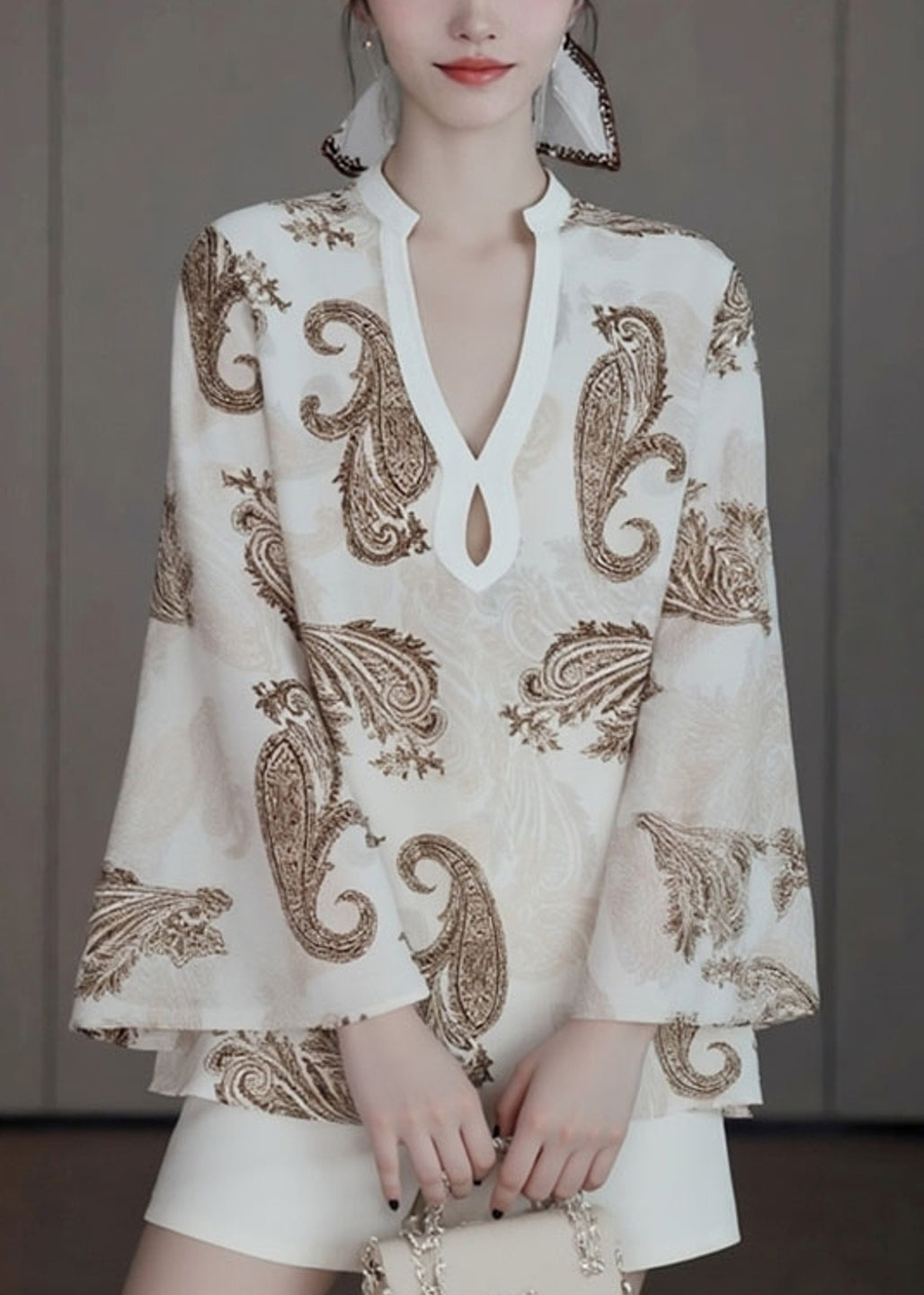 Original Design Beige V Neck Print Shirt Fall