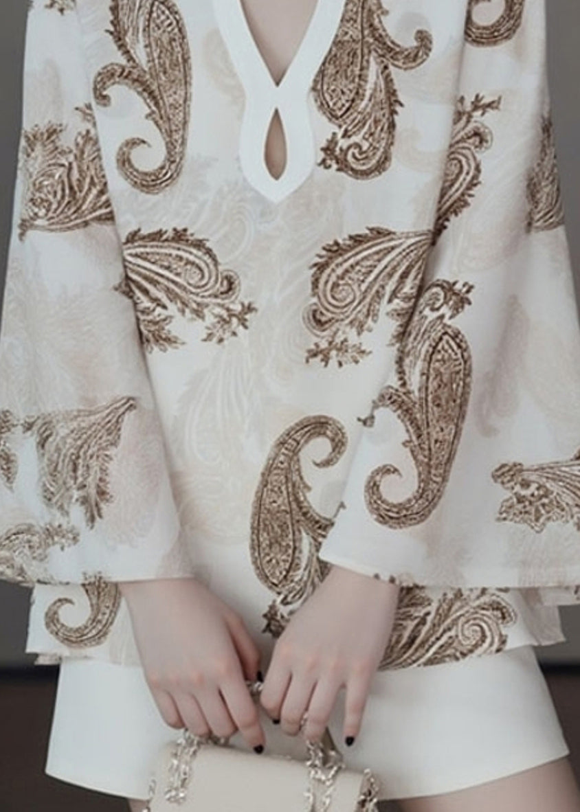 Original Design Beige V Neck Print Shirt Fall