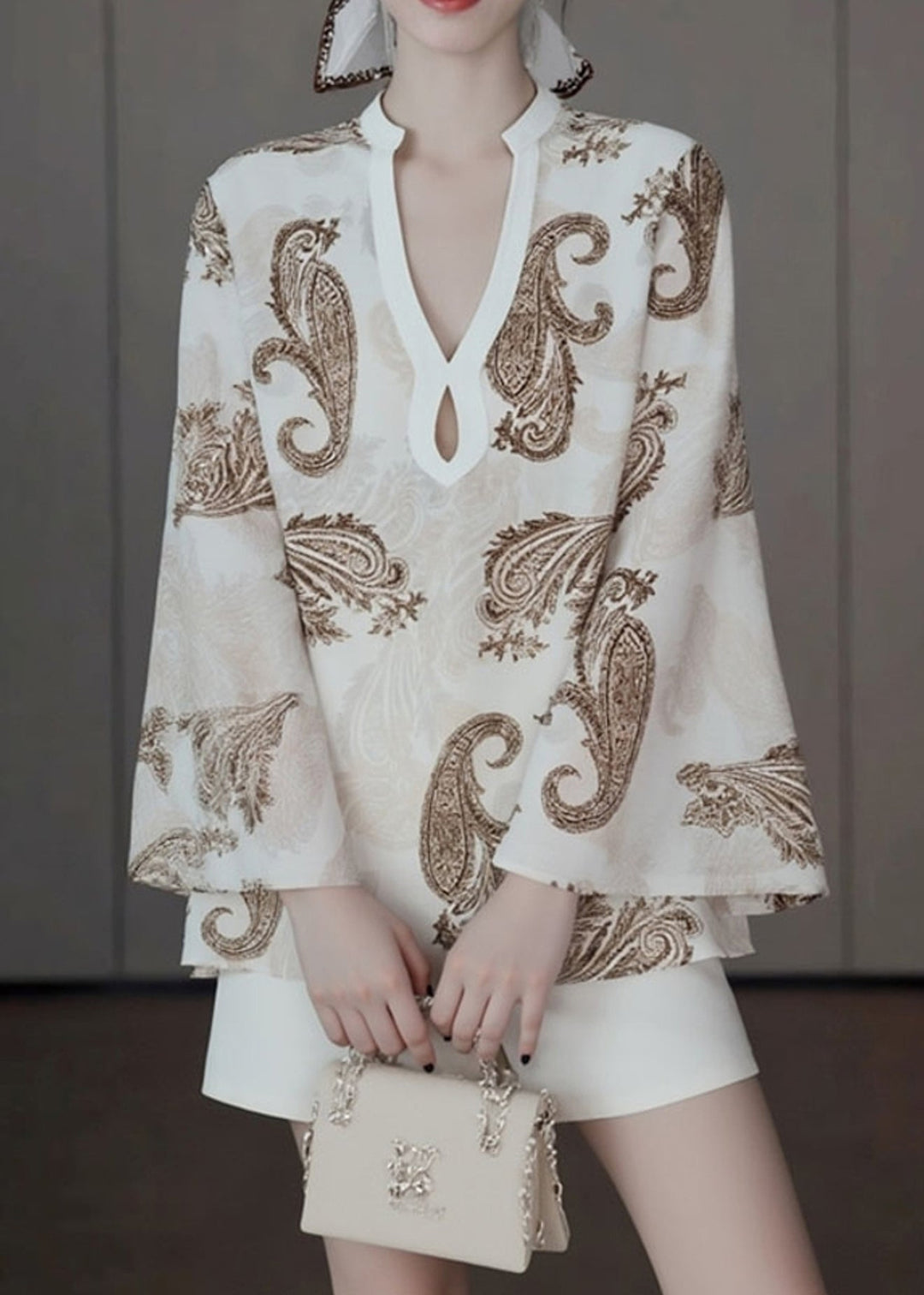 Original Design Beige V Neck Print Shirt Fall