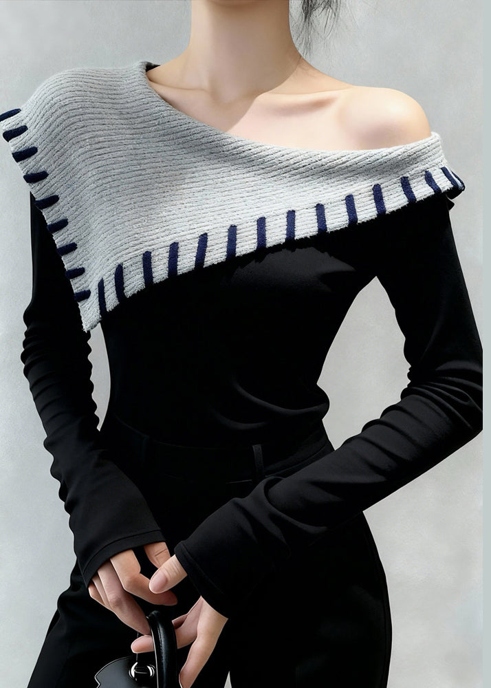 Original Design Black Cold Shoulder Warm Fleece Slim Fit Top Winter