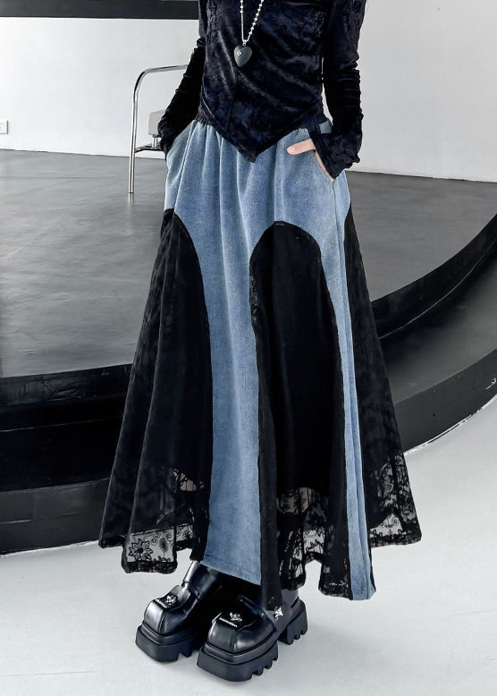 Original Design Black Drawstring Pockets Lace Patchwork Denim Skirts Fall