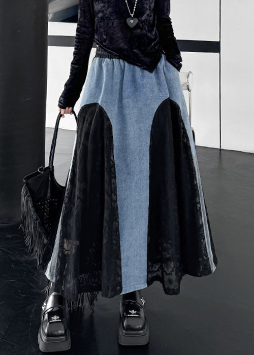 Original Design Black Drawstring Pockets Lace Patchwork Denim Skirts Fall