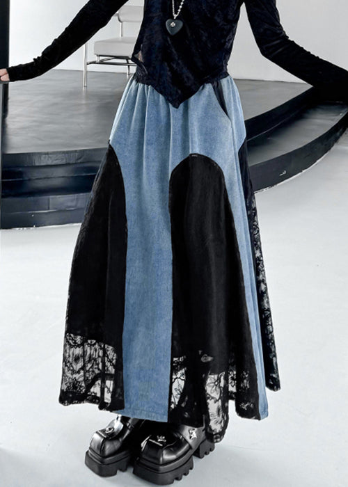 Original Design Black Drawstring Pockets Lace Patchwork Denim Skirts Fall