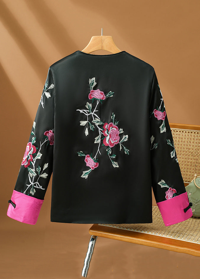Oriental Black O-Neck Embroideried Patchwork Silk Coats Spring main image 1