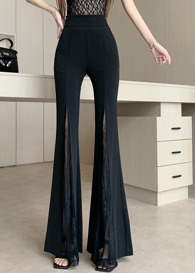 Original Design Black Flared Trousers Lace Patchwork Draping