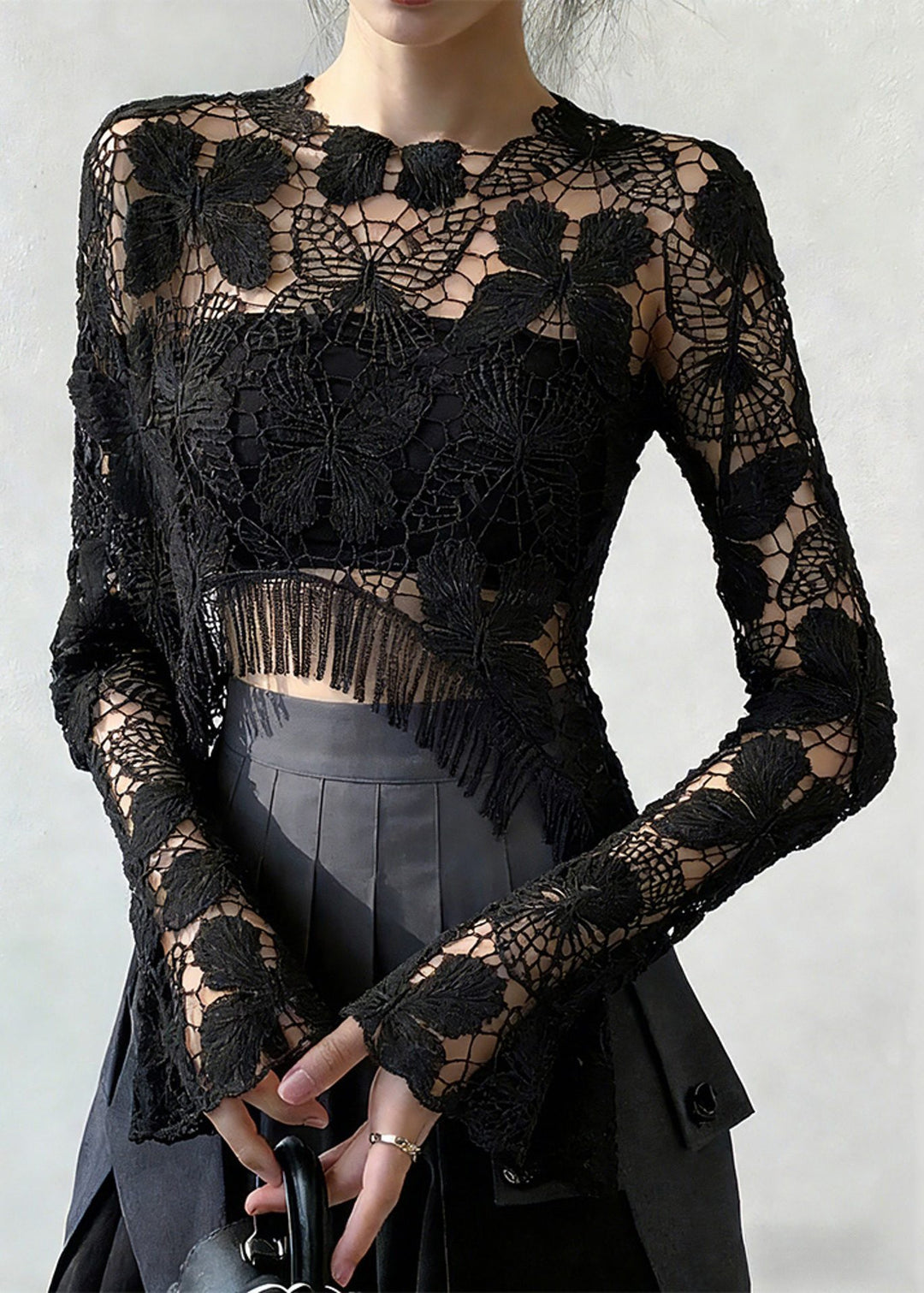 Original Design Black Hollow Out Lace T Shirt Spring