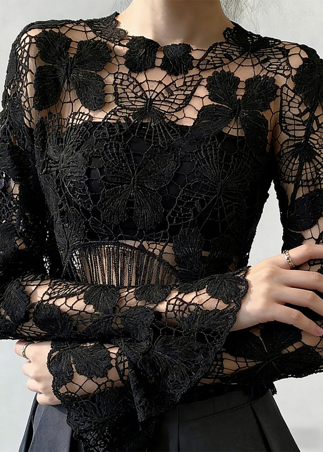 Original Design Black Hollow Out Lace T Shirt Spring