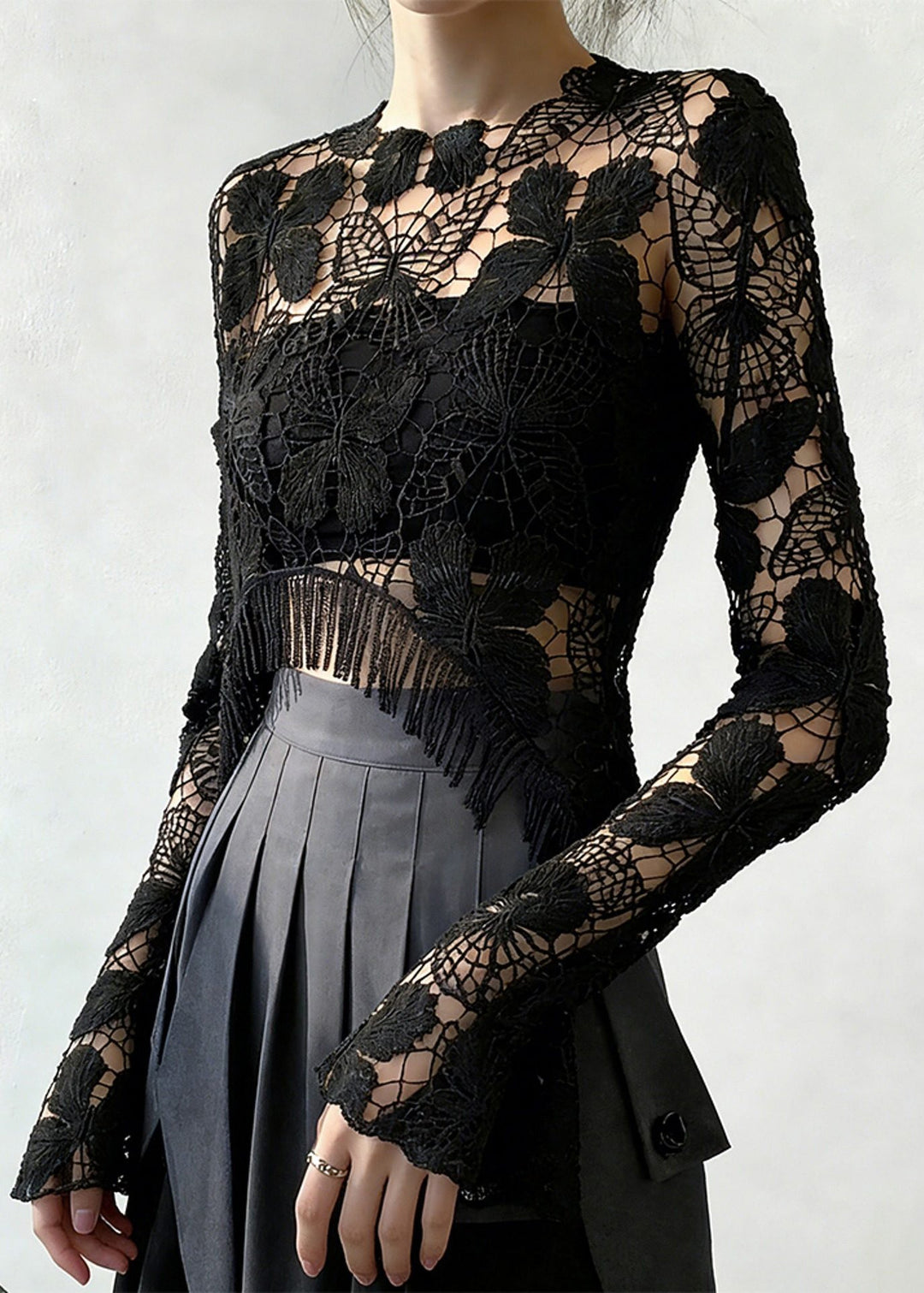 Original Design Black Hollow Out Lace T Shirt Spring