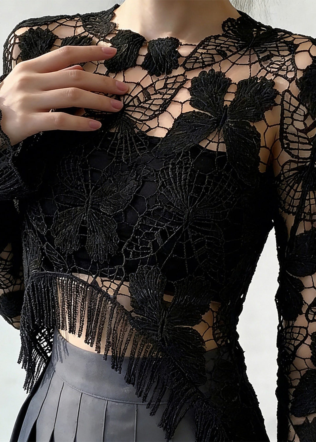 Original Design Black Hollow Out Lace T Shirt Spring