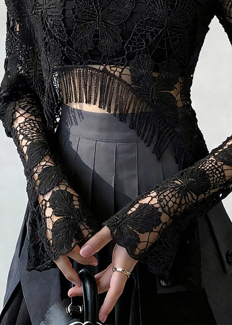 Original Design Black Hollow Out Lace T Shirt Spring