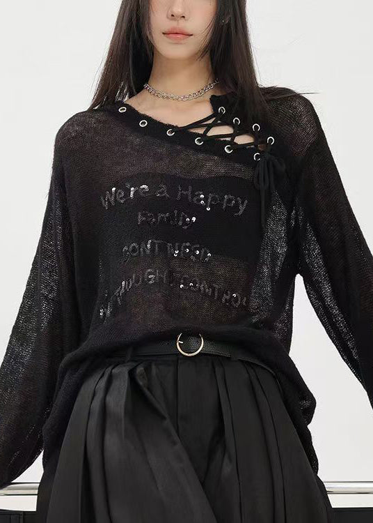 Original Design Black Letter Sequins Drawstring Knit Top Fall