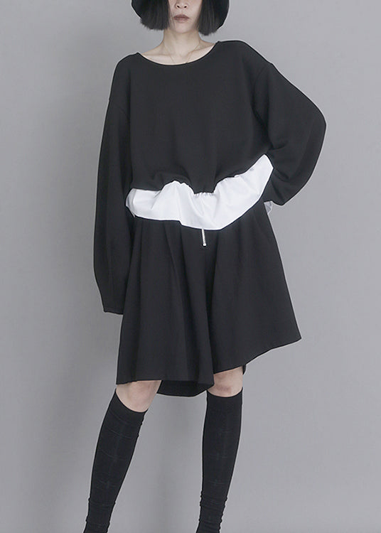 Original Design Black O Neck Patchwork False Two Pieces Cotton Top Spring