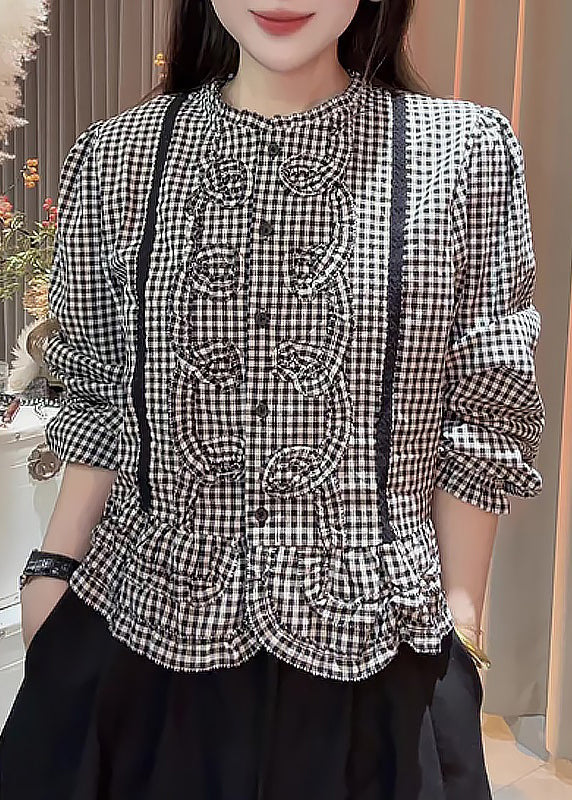 Original Design Black Plaid Button Cotton Blouses Fall