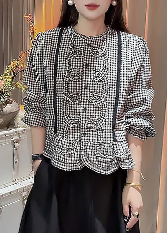 Original Design Black Plaid Button Cotton Blouses Fall