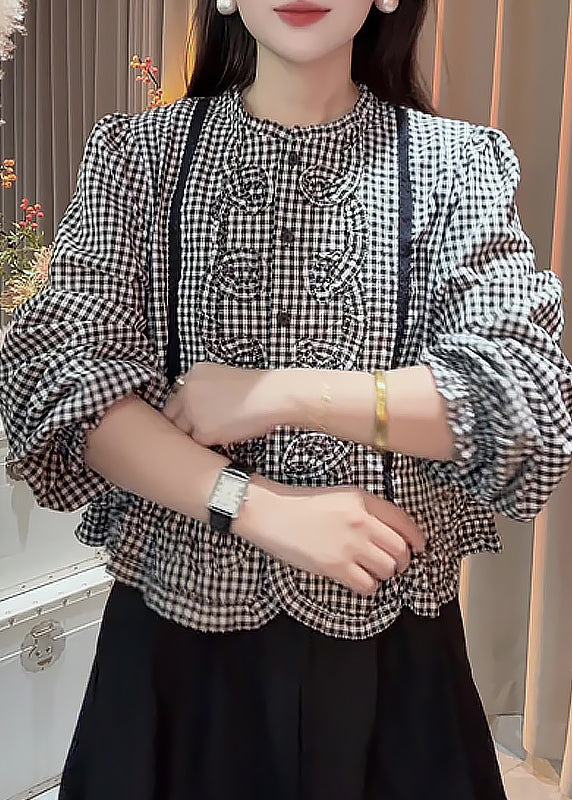 Original Design Black Plaid Button Cotton Blouses Fall