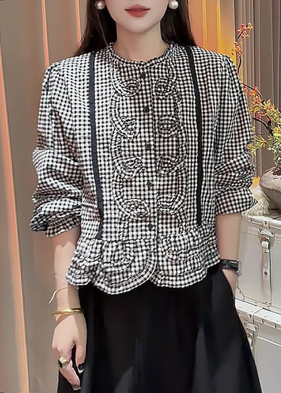 Original Design Black Plaid Button Cotton Blouses Fall