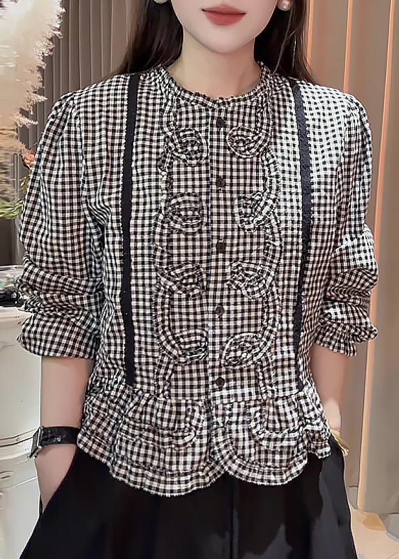 Original Design Black Plaid Button Cotton Blouses Fall