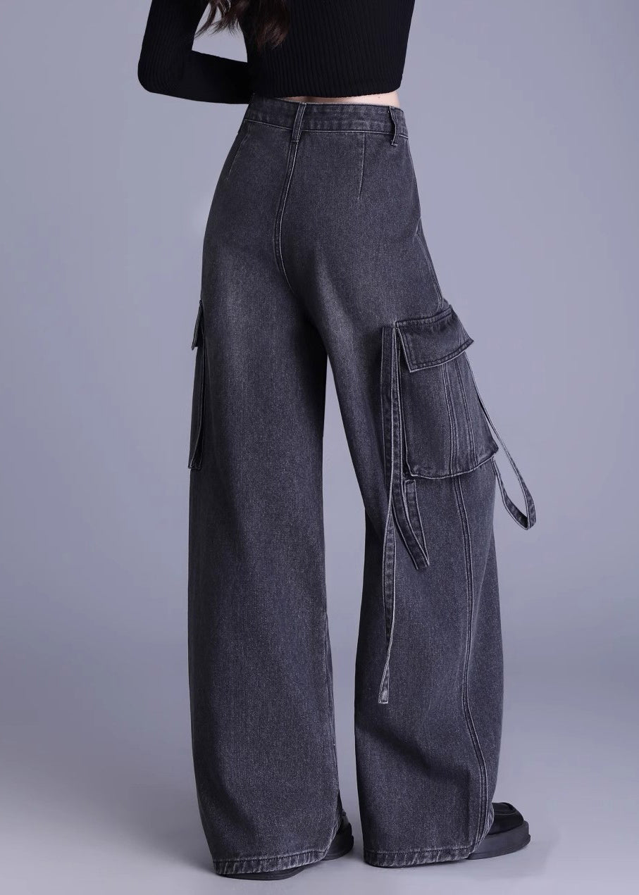 Original Design Black Pockets High Waist Denim Wide Leg Pants Spring