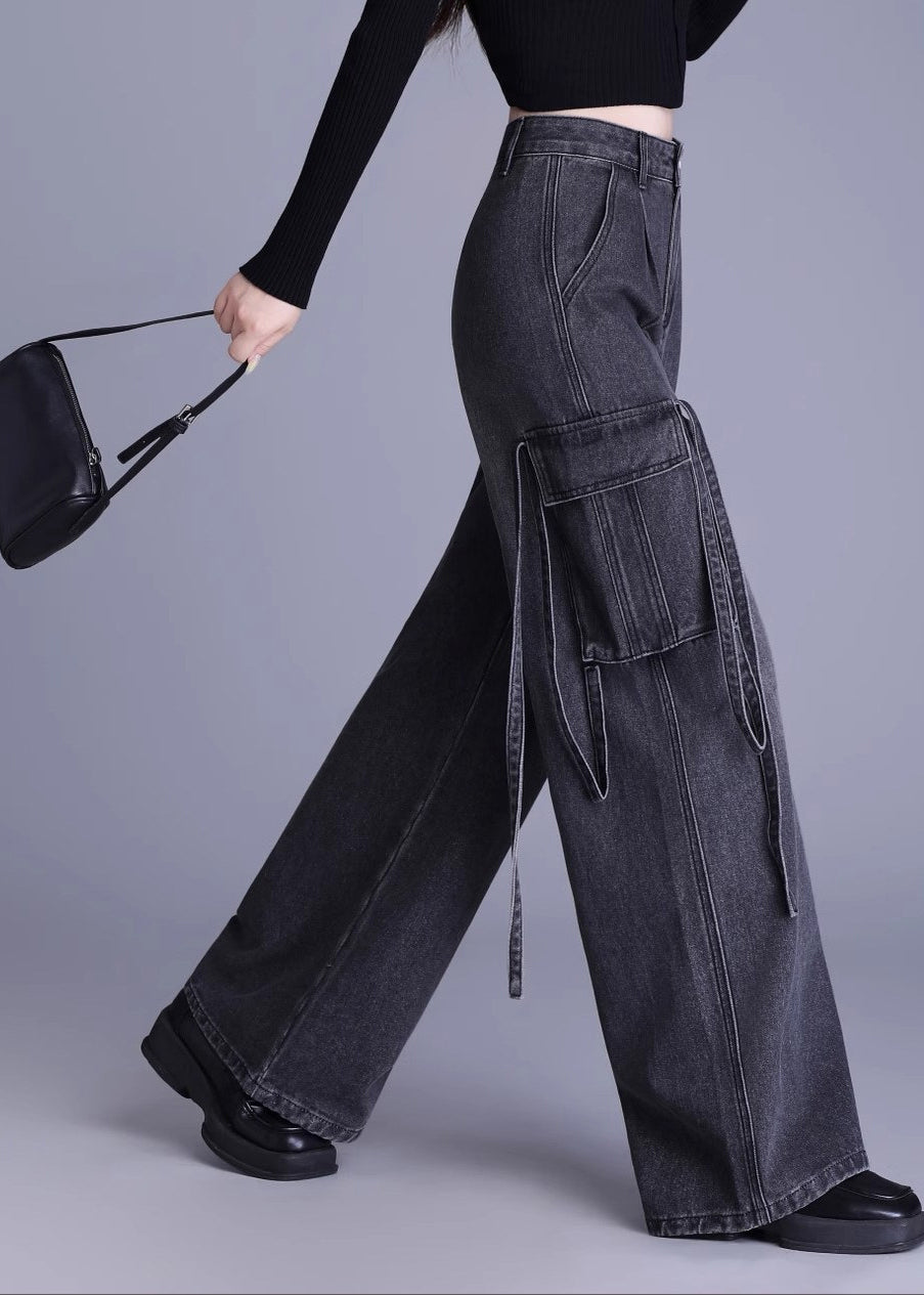 Original Design Black Pockets High Waist Denim Wide Leg Pants Spring